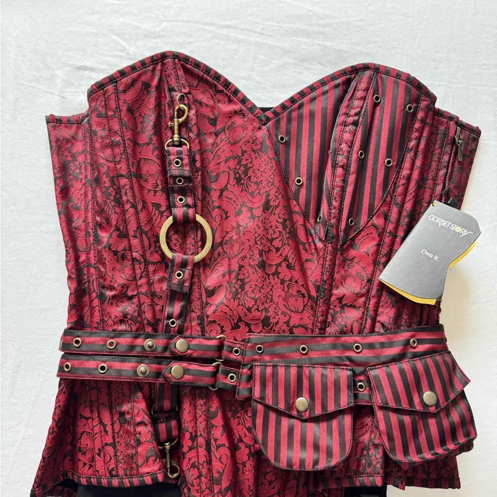 Red Floral Brocade Corset with Utility Pocket Belt - Corsetstory